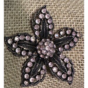 Vintage Antiqued Brass Bronze Pink Rhinestone Pin Brooch Flower Starfish